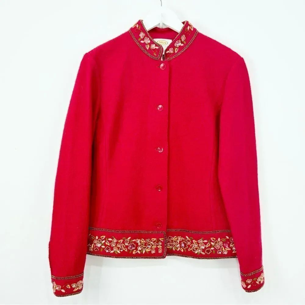 Talbots Red Sequin Beaded Floral 100% Wool Mandarin Collar Retro Blazer Jacket